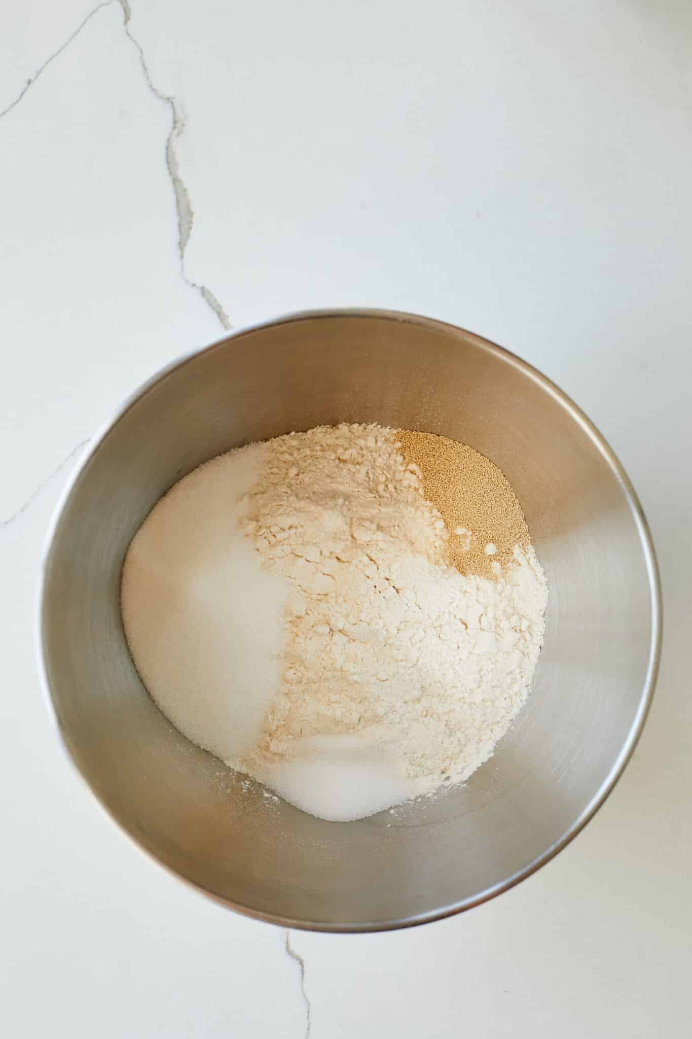 Sally Lunn Buns4 Mis dry ingredients for Sally Lunn Buns in a bowl.