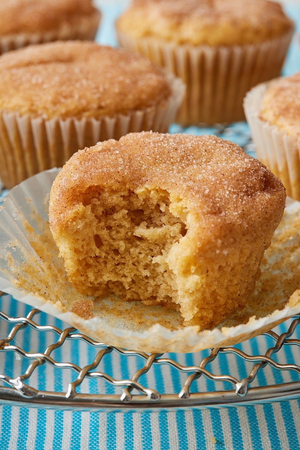 Apple Cider Muffins12 Apple cider muffins with a cinnamon-sugar topping, showing a close-up of one muffin with a bite taken out, surrounded by more muffins on a cooling rack.