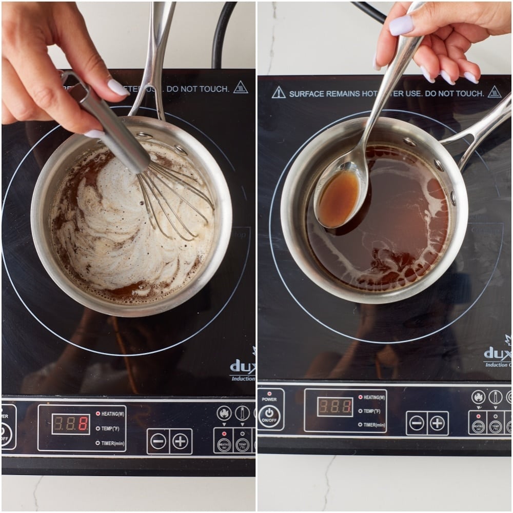 How to Brown Butter step3 Two photos showing butter browning in a saucepan, from foamy and browned to deep golden brown.