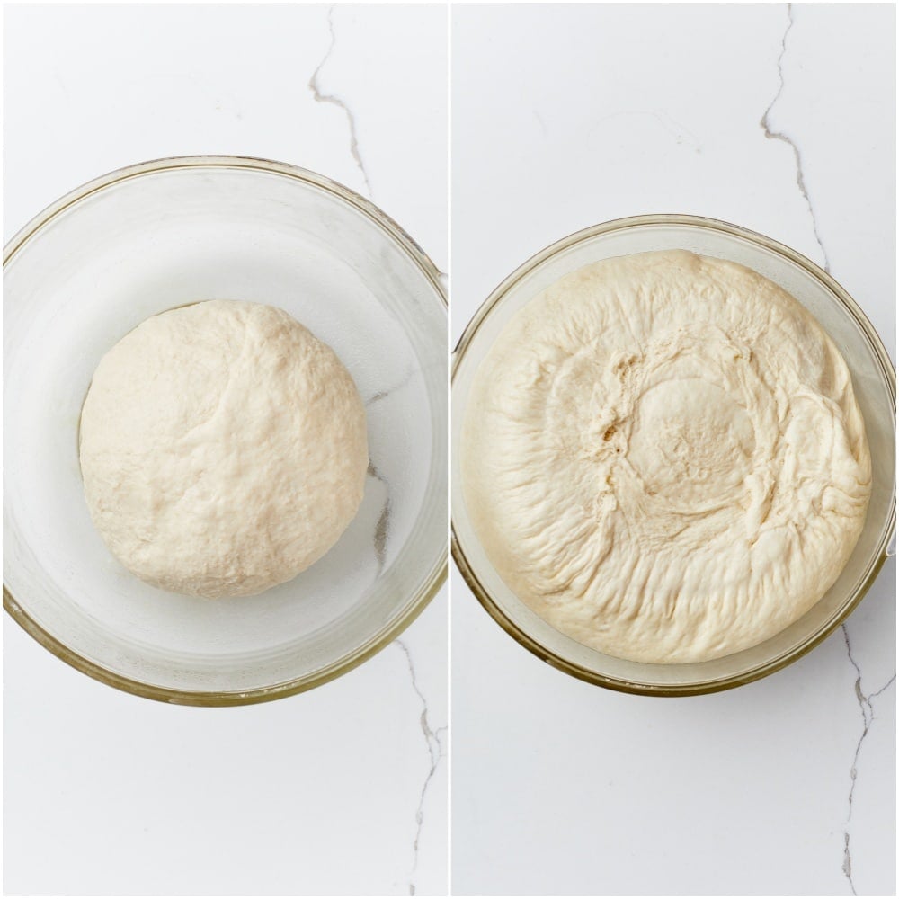 Irish Batch Loaf step4 Irish batch bread dough before and after the first rise, showing the dough doubled in size in a glass bowl.