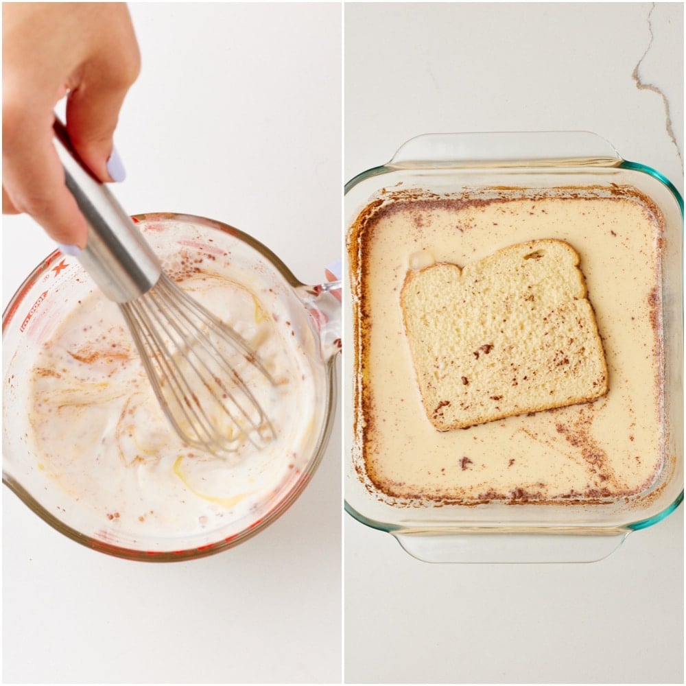 Sheet Pan French Toast step4 Whisking the vanilla-cinnamon custard and soaking brioche slices in the mixture.