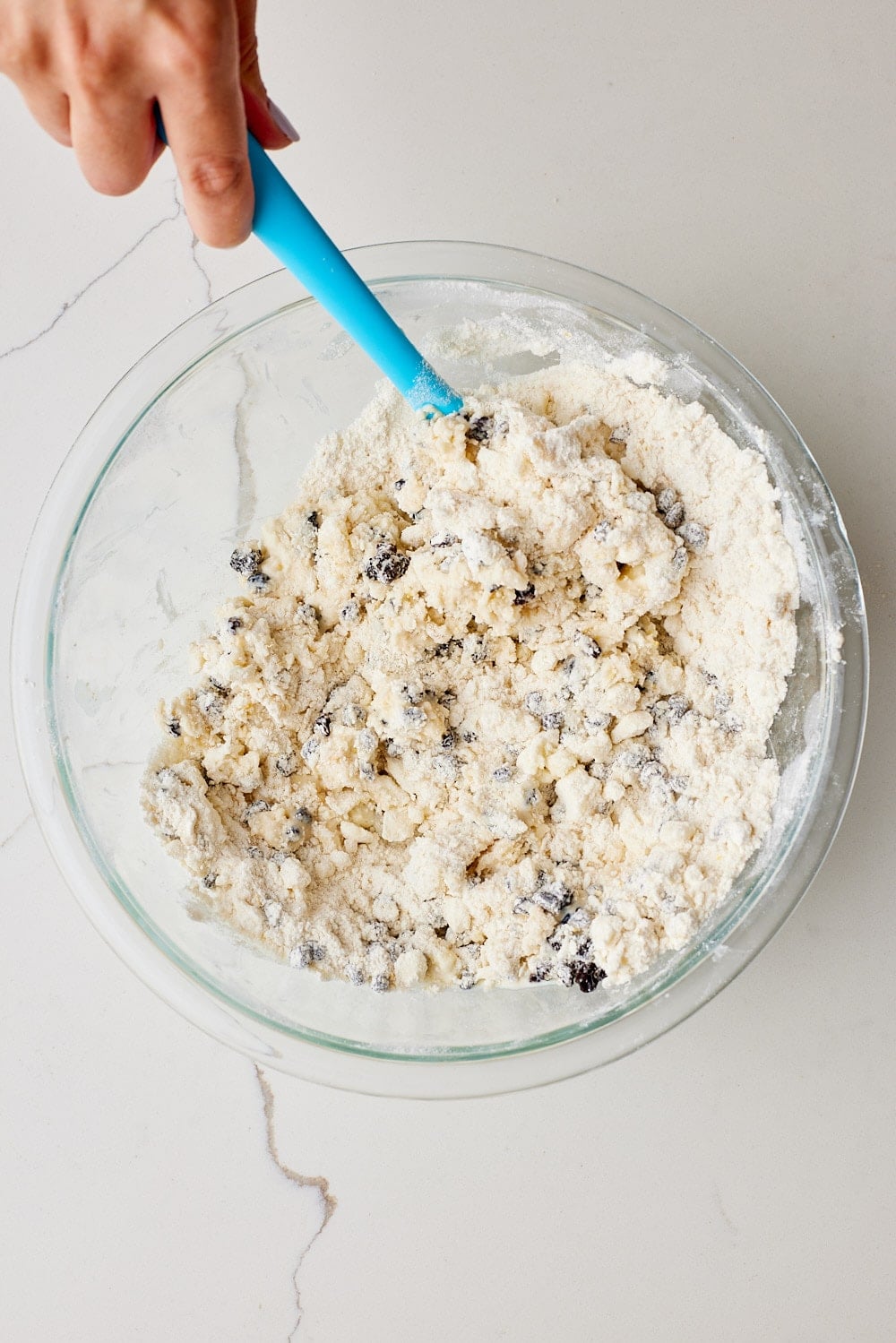 Spotted Dick6 Add in the currants and milk and stir until a soft, crumbly dough forms.