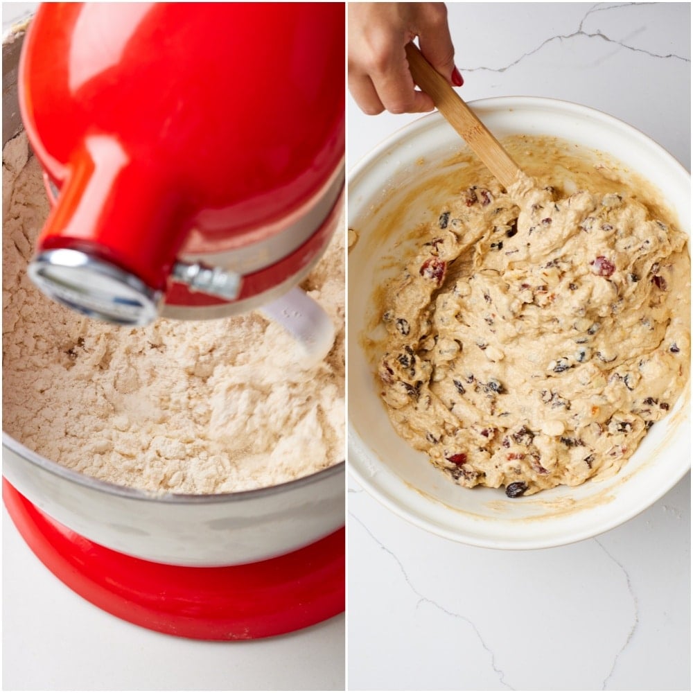 Mix in flour and fold in dried fruit for fruitcake. 