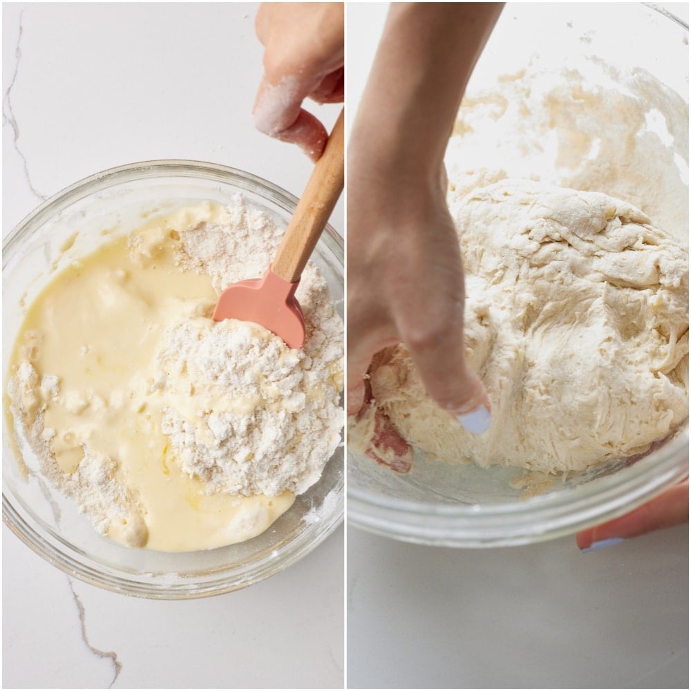 Small Batch Cinnamon Rolls step2 Wet and dry ingredients were combined until it formed a dough.
