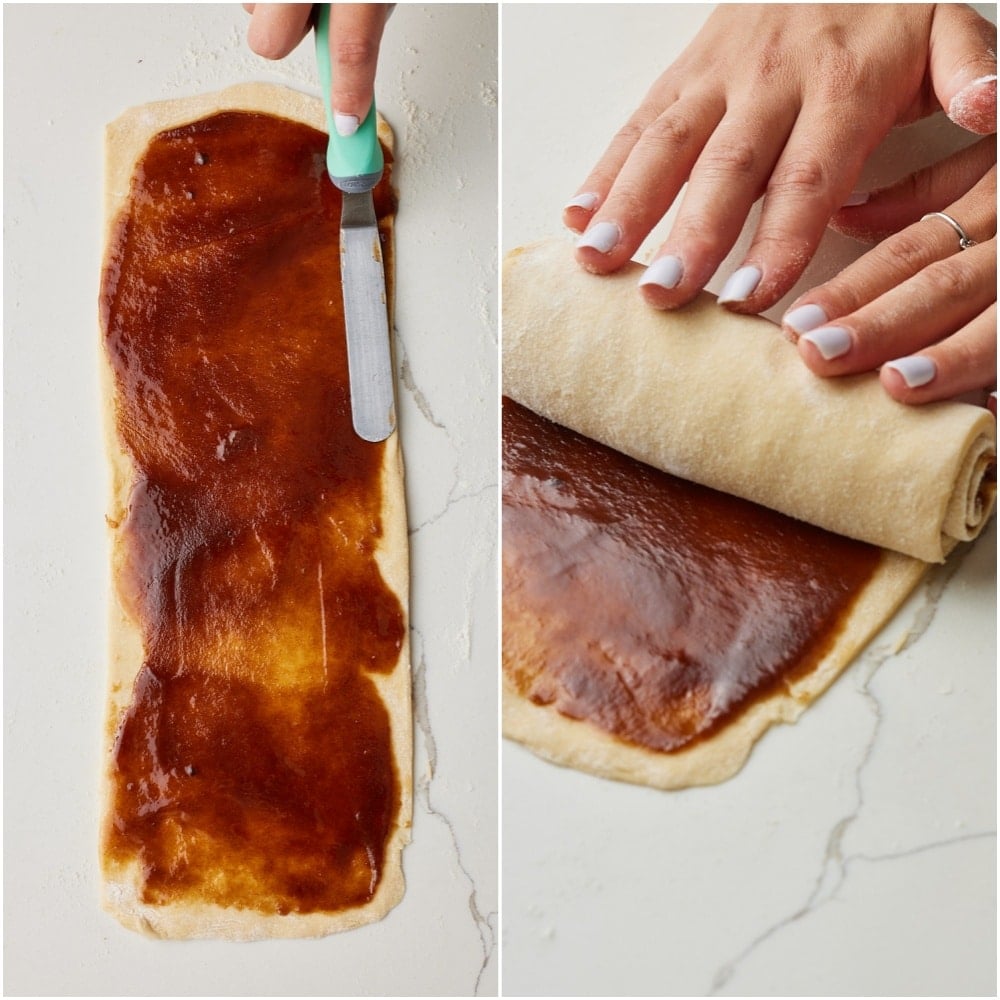 Small Batch Cinnamon Rolls step8 Spread the filling onto the dough and roll it into a tight log.