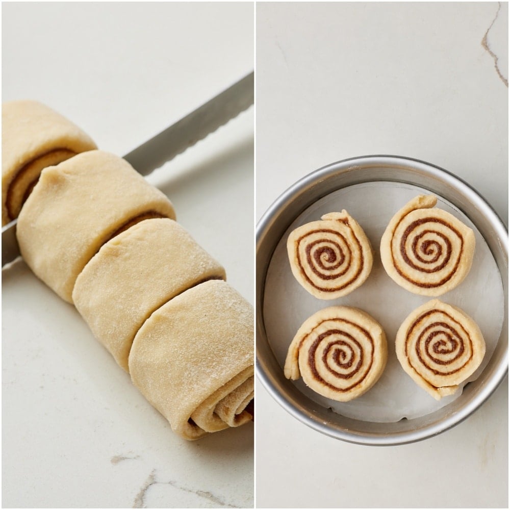 Small Batch Cinnamon Rolls step9 Cut the small batch cinnamon roll log into 4 rolls and put them in a round prepared cake tin.